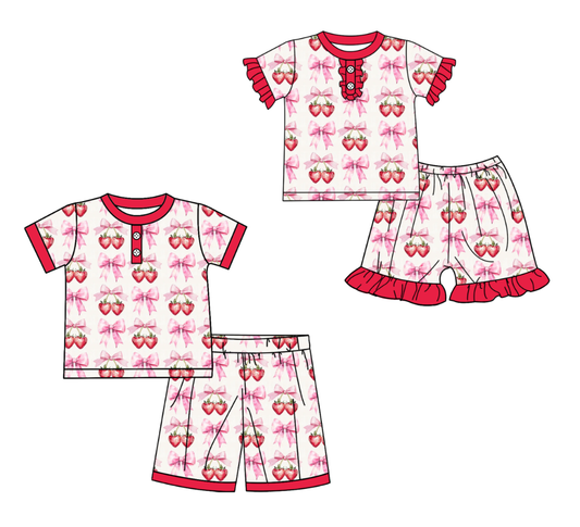 Custom moq 5 mix size milk silk baby girl clothes strawberry bow short sleeve shorts sets 2