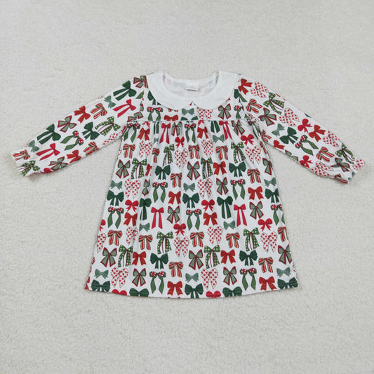 RTS NO MOQ（In Stock) GLD1237 Christmas bow pattern long-sleeved dress with a doll collar