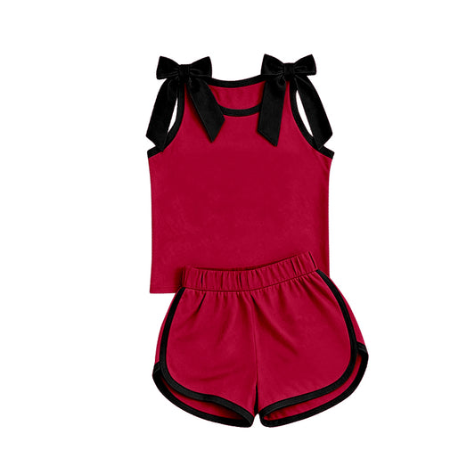 custom moq 5 mix size Baby Girls Black Bow Red Sleeveless Top Shorts Clothes Set