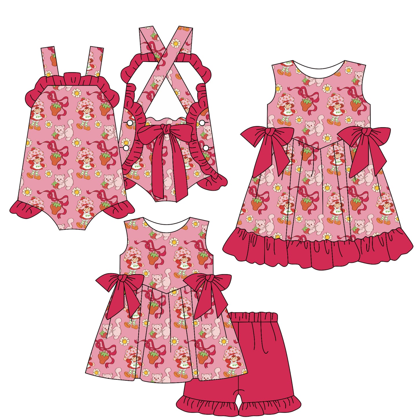 25.11.18 custom each style moq 5 eta 6-8week Sibling Sister strawberry bow baby short sleeve shorts sets and romper and dress match design