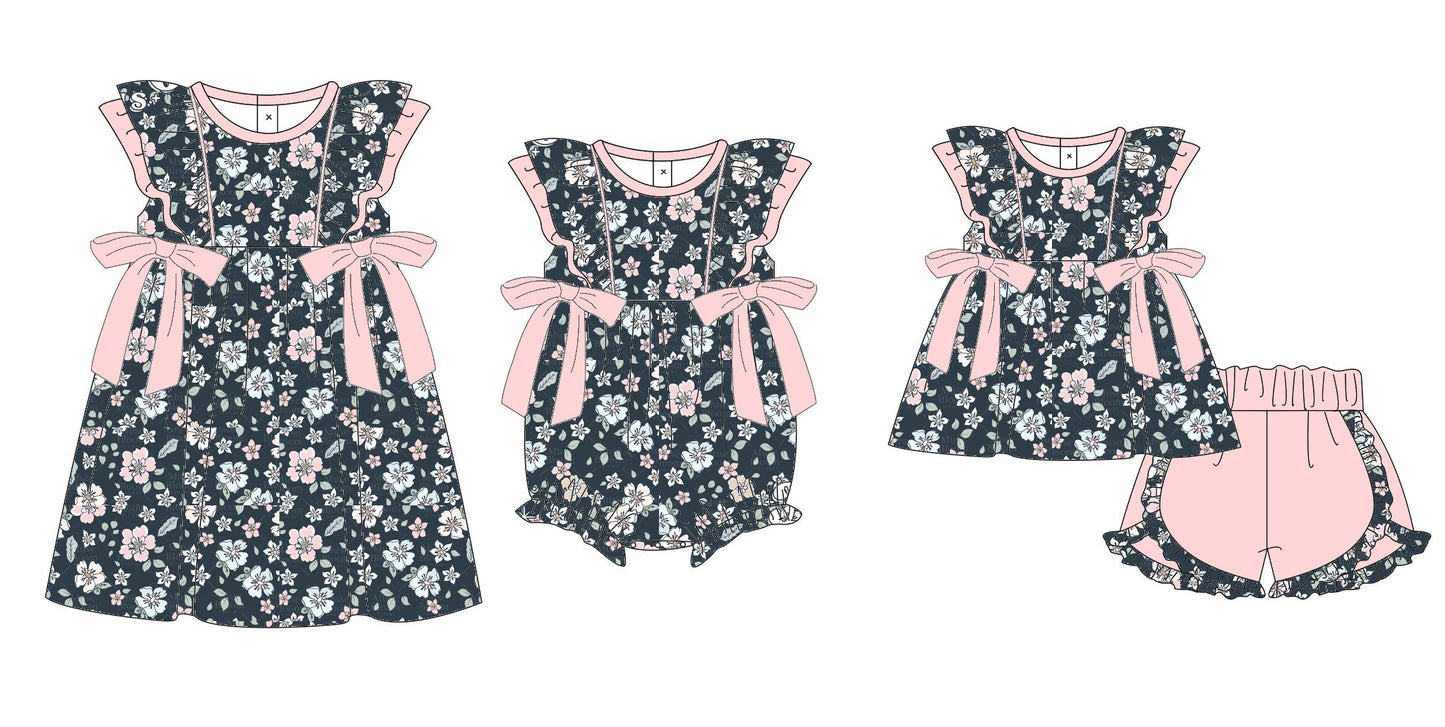11.11 custom each style moq 5eta 4-6week Sibling Sister floral baby girl short sleeve shorts sets and dress and rompers match family design