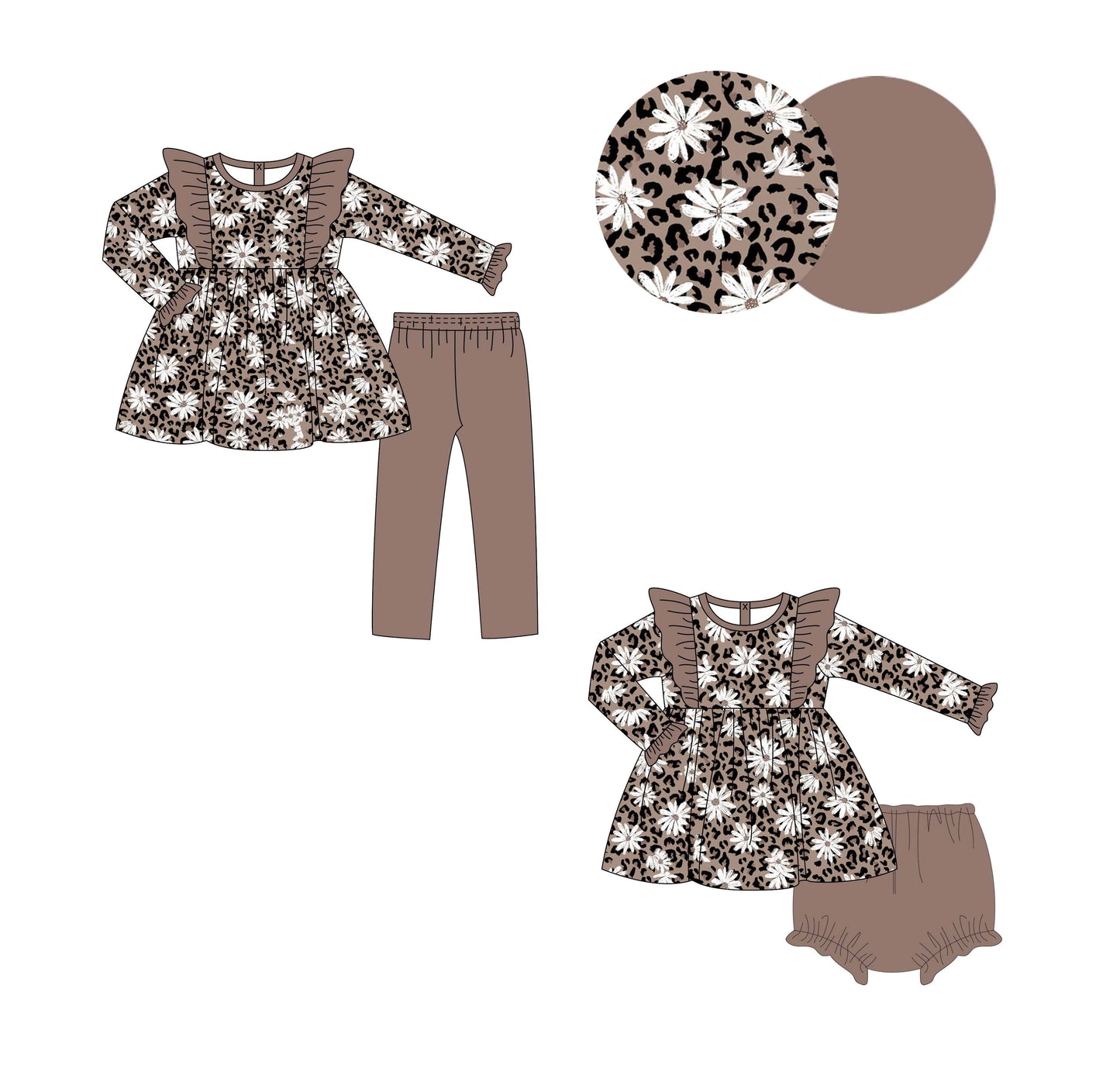 5.18custom each style moq 5eta 4-5week Sibling Sister flower print brown girls and boys outfits and baby romper and dress match family design