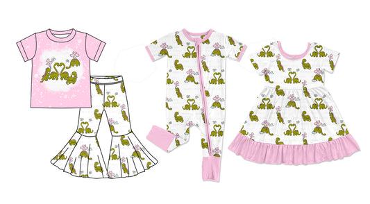 11.22 custom each style moq 5eta 4-6week Sibling Sister dinosaur baby girl sets and dress and rompers match family design