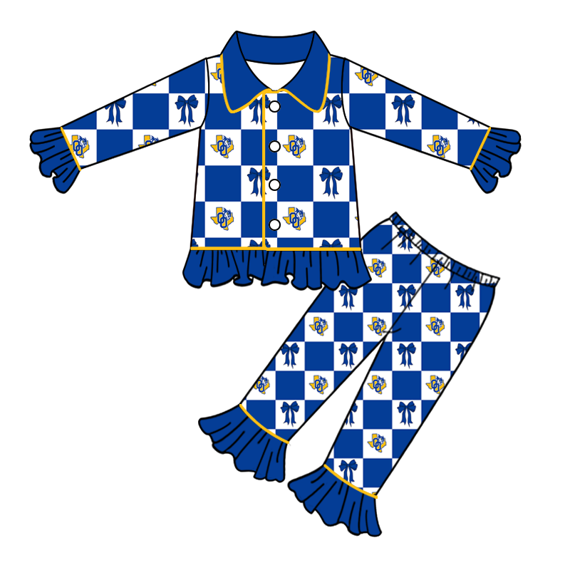 custom moq 5 mix size MSD073008 Baby Girls Checked Bow Print Collared Button Long Sleeve Ruffle Top Flared Pants Pajama Set