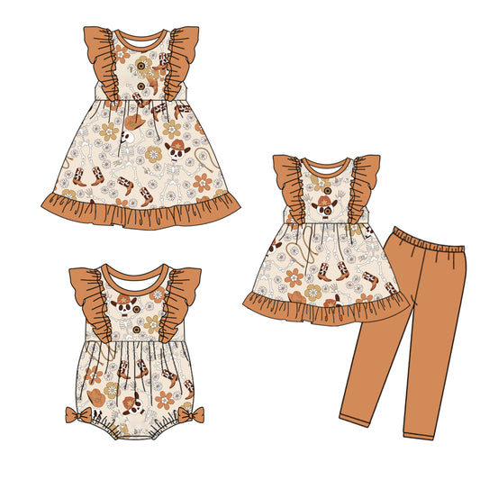 5.5 custom each style moq 5eta 4-6week Sibling Sisters boot floral baby girl short sleeve pants sets and dress and rompers match family design