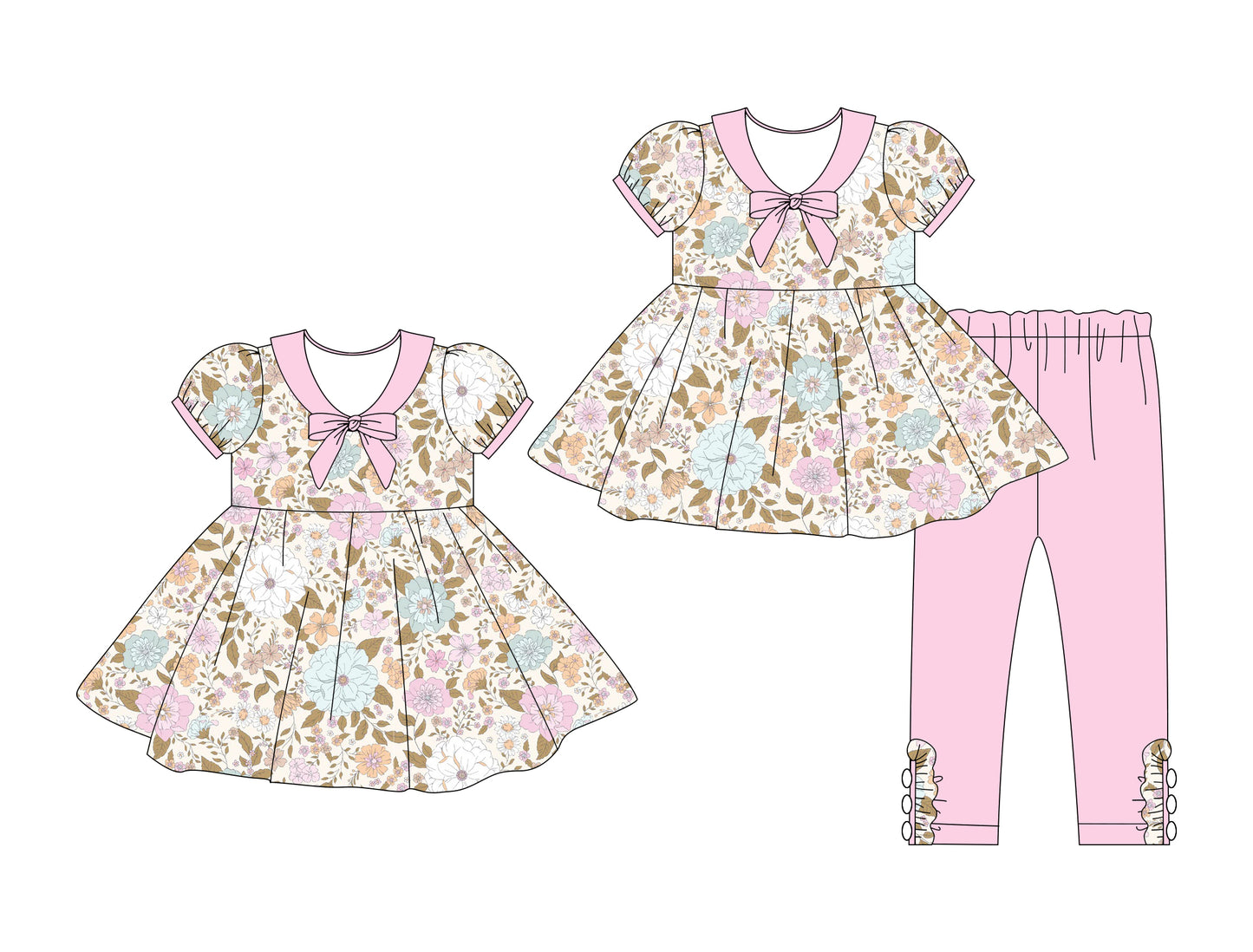 25.10.3 custom each style moq 8 eta 6-8week Sibling Sisters floral baby girl short sleeve pants sets and dress match family design