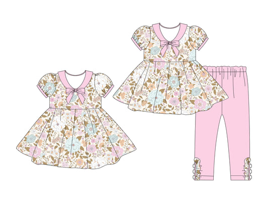 25.10.3 custom each style moq 8 eta 6-8week Sibling Sisters floral baby girl short sleeve pants sets and dress match family design