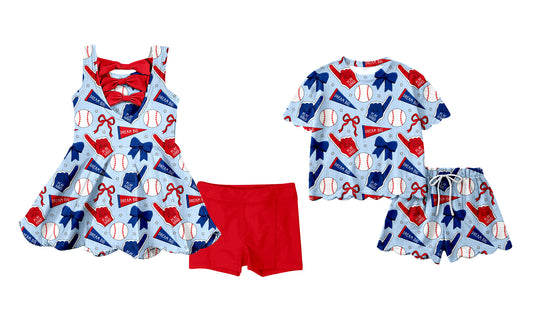 Custom moq 5 mix size Sibling Baby Girl Blue Sleeveless Yoga Dress And Shorts Outfit Short Sleeved Top And Shorts Set