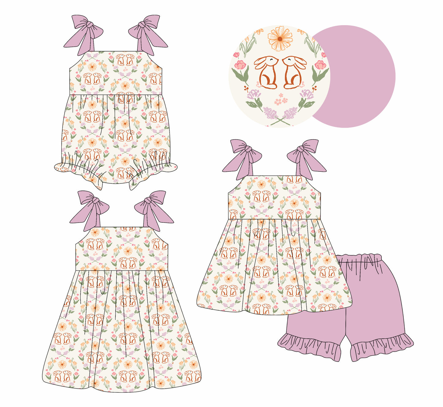 26.1.9 custom each style moq 5 eta 6-8week Sibling Sister bunny floral baby short sleeve shorts sets and romper and dress match design