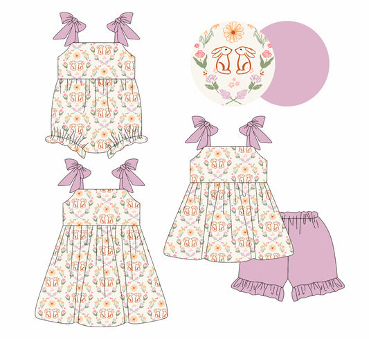 26.1.9 custom each style moq 5 eta 6-8week Sibling Sister bunny floral baby short sleeve shorts sets and romper and dress match design
