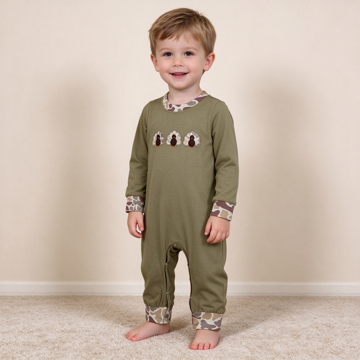 NEW RTS NO MOQ milk silk LR3109 Embroidery Camo Turkey Baby Boys Thanksgiving Long Sleeve Rompers