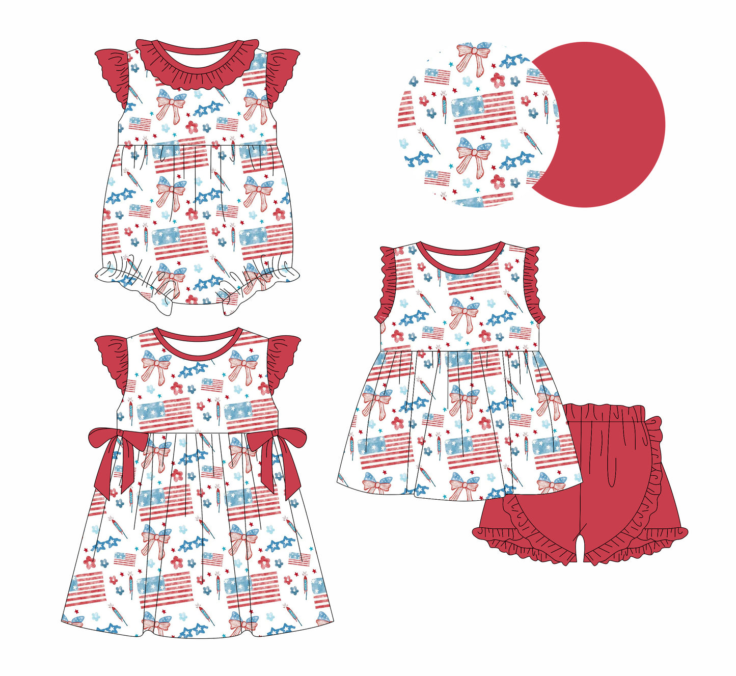 25.12.27 custom each style moq 5 eta 6-8week Sibling Sister flag bow baby short sleeve shorts sets and romper and dress match design