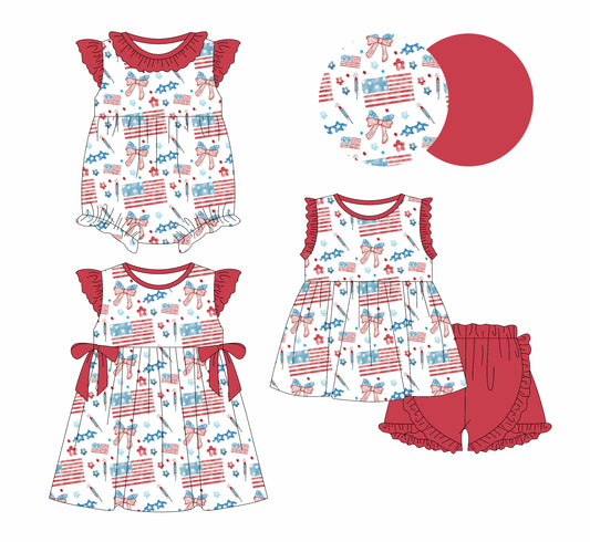 25.12.27 custom each style moq 5 eta 6-8week Sibling Sister flag bow baby short sleeve shorts sets and romper and dress match design