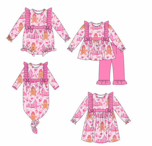 25.6.14 custom each style moq 5eta 4-6week Sibling Sisters Christmas house pink baby girl long sleeve pants sets and dress and rompers and nightgown match family design