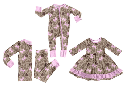 25.10.1 custom each style moq 8 eta 6-8week Sibling Sisters leopard bow baby girl long sleeve pants sets and dress and rompers match family design
