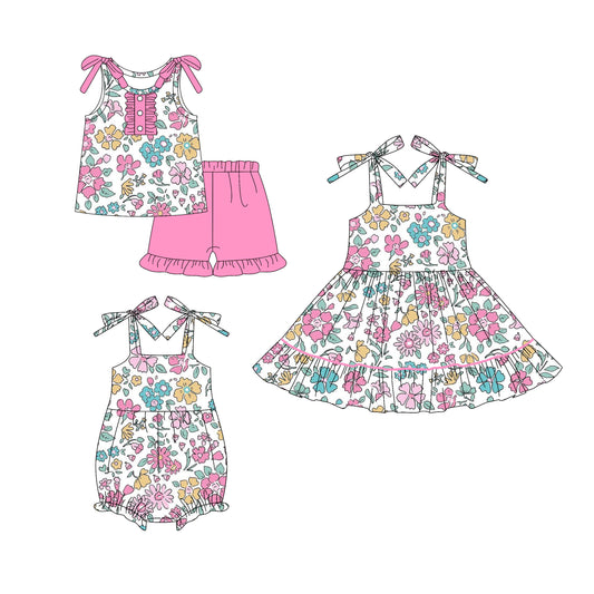 25.5.25 custom each style moq 5eta 4-6week Sibling Sisters floral baby girl short sleeve shorts sets and dress and rompers match family design