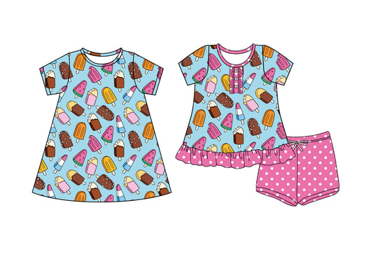 4.9 custom each style moq 5eta 4-6week Sibling Sister ice cream baby girl short sleeve shorts sets and dresses match design