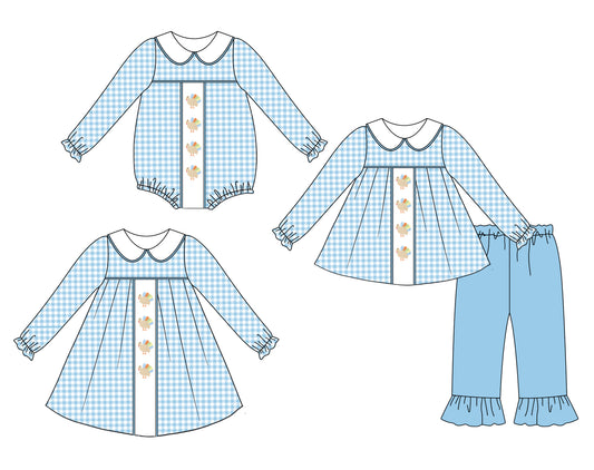 25.6.7 custom each style moq 5eta 4-6week Sibling Sisters turkey blue baby girl long sleeve pants sets and dress and rompers match family design