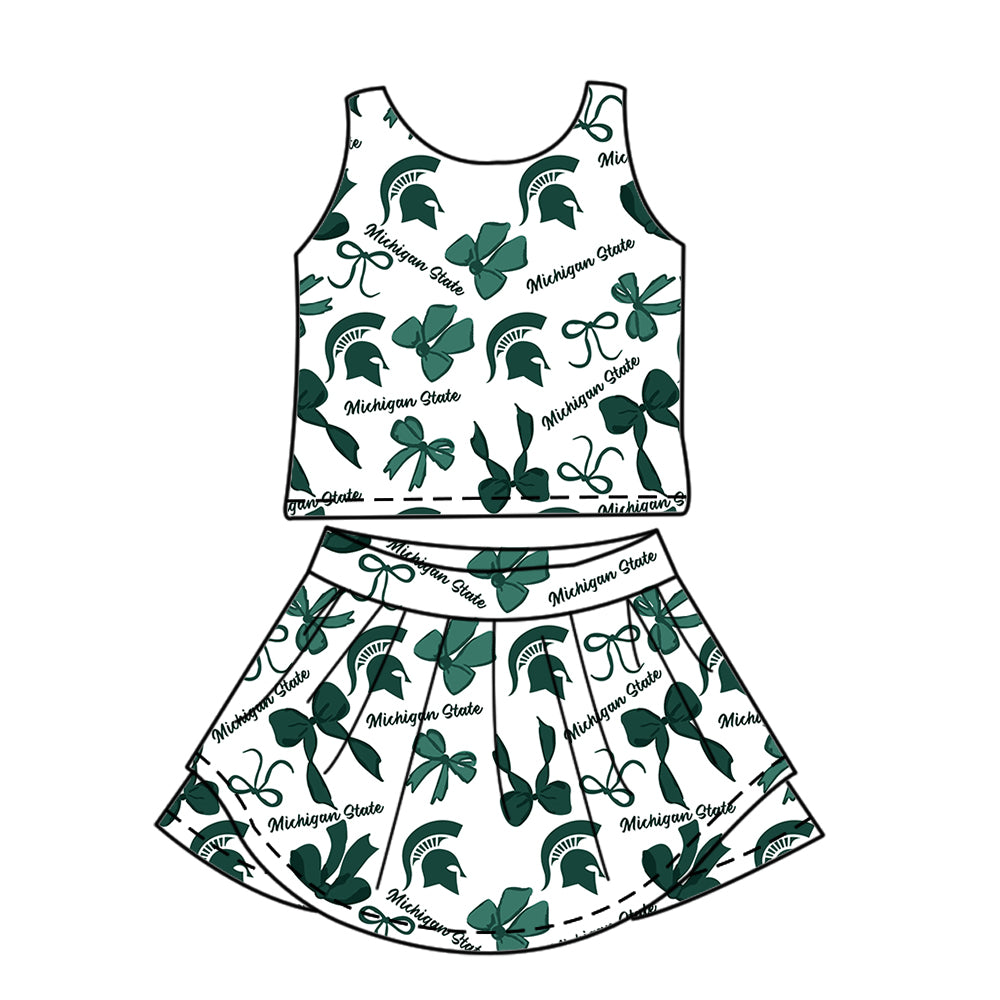 Custom moq 5 mix size milk silk summer teams Baby Girls Green Bow Vest Top Skirt Shorts Sets Sleeveless Knee Length Dresses Yoga Shorts Yoga Active Outfit
