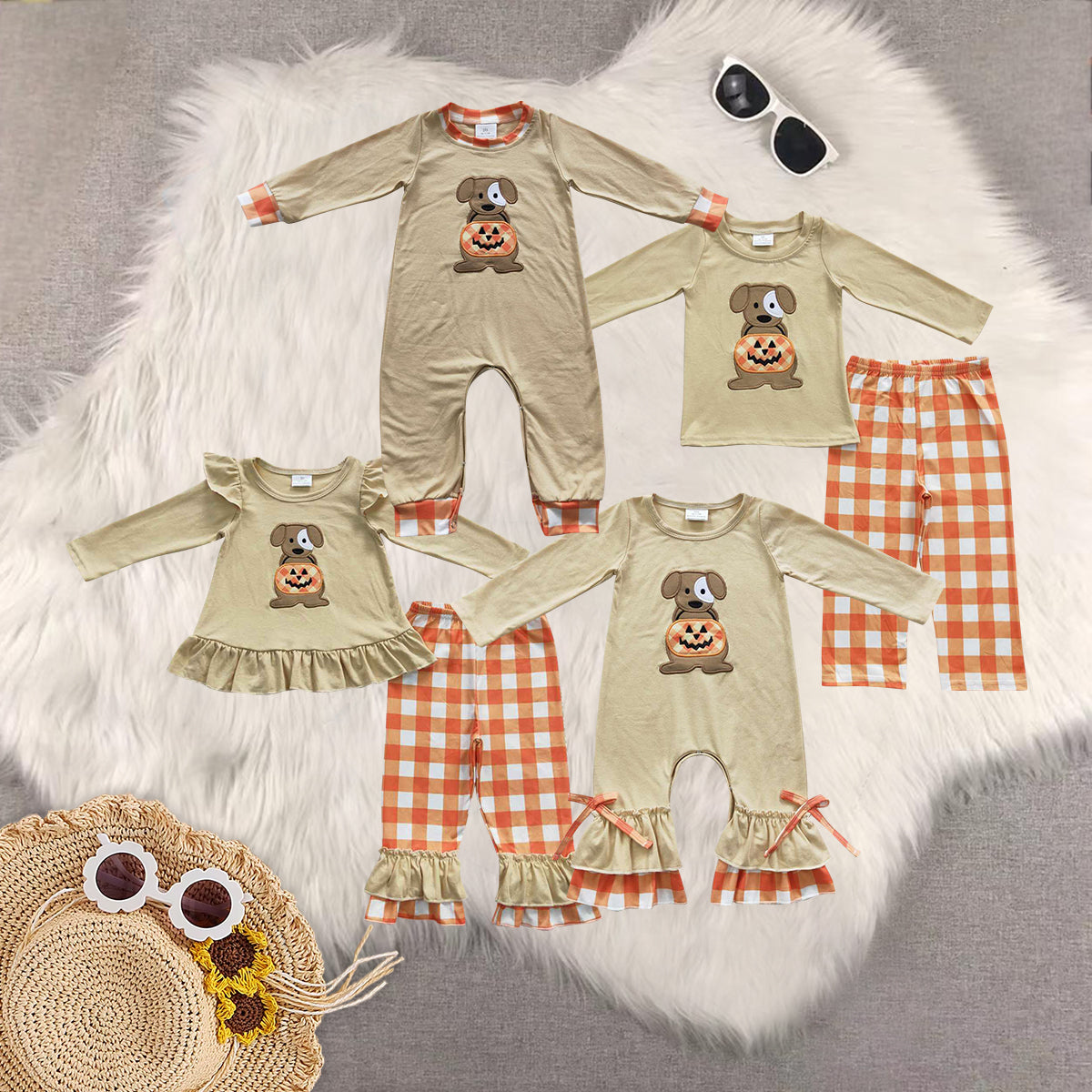 RTS NO MOQ Sibling Baby girls boy clothes embroidery pumpkin long-sleeved trousers suit & romper