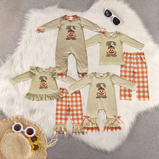 RTS NO MOQ Sibling Baby girls boy clothes embroidery pumpkin long-sleeved trousers suit & romper