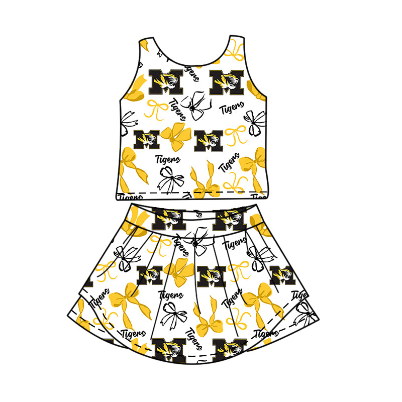 Custom moq 5 mix size milk silk summer teams Yellow Black Bow Baby Girls Vest Top Skirt Shorts Sets Sleeveless Yoga Knee Length Dresses Yoga Shorts