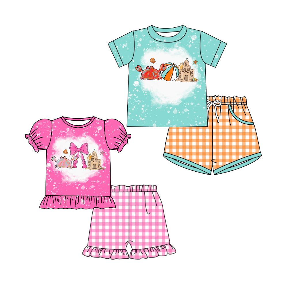 4.3 Custom moq 5 mix size Sibling Baby Boy And Girl Short-Sleeved Top Checked Short Clothes Set