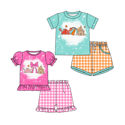 4.3 Custom moq 5 mix size Sibling Baby Boy And Girl Short-Sleeved Top Checked Short Clothes Set