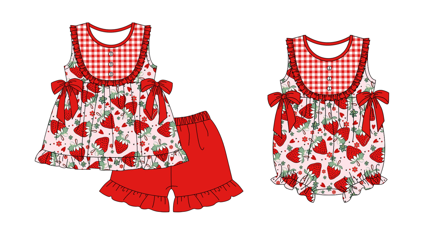 11.19 custom each style moq 5eta 4-6week Sibling Sister strawberry red baby girl short sleeve shorts sets and rompers match design