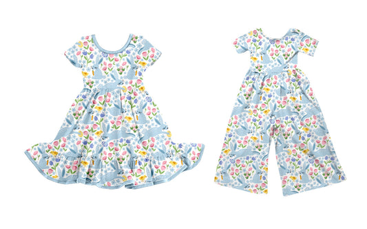 25.9.20 custom each style moq 8 eta 6-8week Sibling Sisters bunny floral baby girl long sleeve dress and jumpsuit match family design
