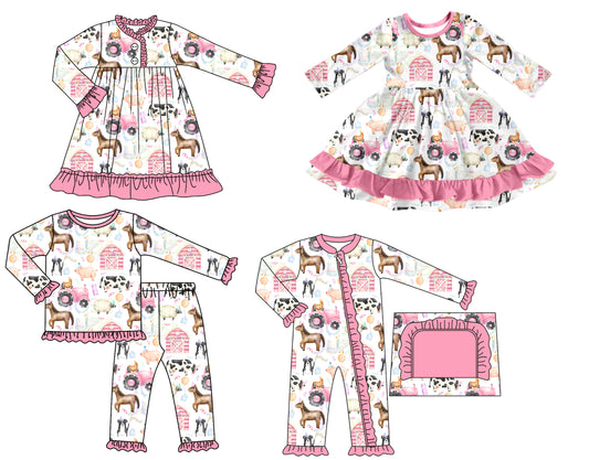 25.7.28 custom each style moq 5 eta 4-6week Sibling Sisters farm baby girl long sleeve pants sets and romper and dress 1 and dress 2 match family design
