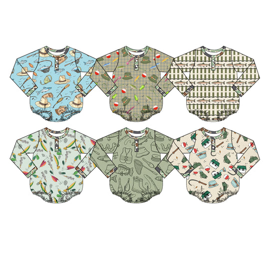 4.13  Custom moq 5 mix size Sibling Baby Boys Fish Print Long Sleeve Button Romper