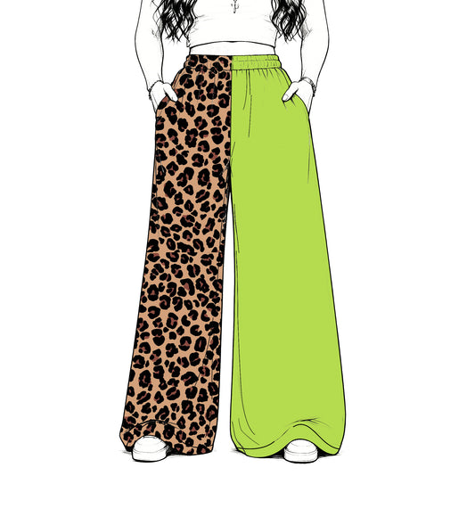 custom moq 5 mix size Baby Kids Leopard Print Lime Patchwork Team Flare Pant Casual Bottom