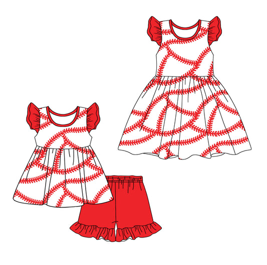 12.25 custom each style moq 5eta 4-6week Sibling Sister baseball baby girl short sleeve shorts sets and dresses match design