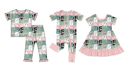25.11.12 custom each style moq 5 eta 6-8week Sibling Sisters catcus cow head baby girl short sleeve pants sets and dress and rompers match family design