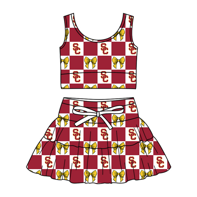 Custom moq 5 mix size Milk silk summer girls' three-piece set with letter bow print plaid sleeveless skirt including a dress and shorts
