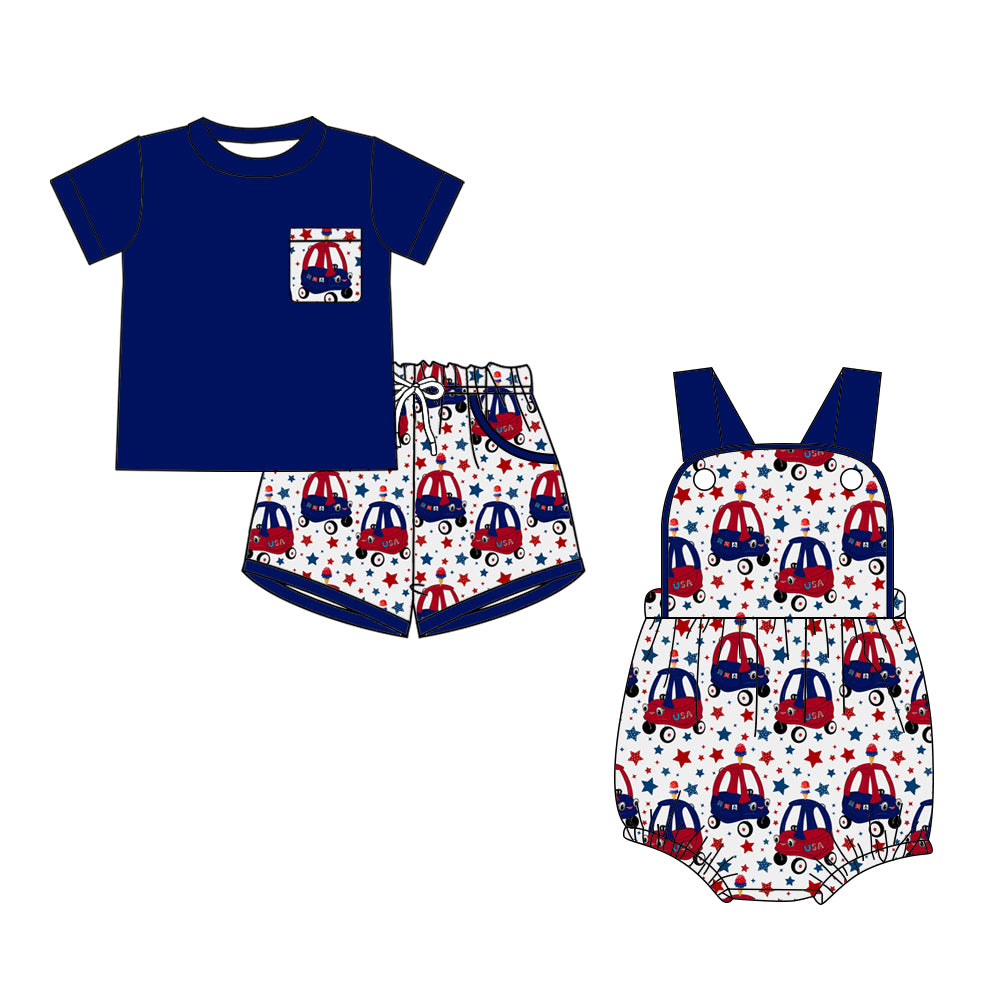 Custom moq 5 mix size Sibling Dark blue Baby Boys Romper Short-Sleeved Top And Shorts Set for Infants
