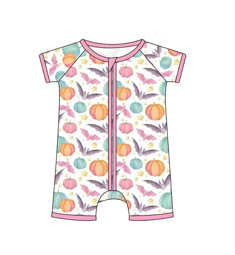 5.9custom each style moq 5eta 4-5week Sibling Sister Halloween pumpkin bat prints pink girls and boys outfits and baby rompers match family design