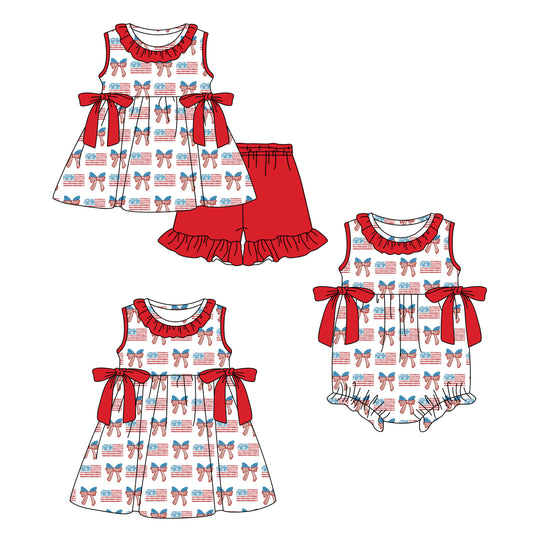 Custom moq 5 mix size Sibling Red Bow-Print Short-Sleeved Romper Dress Baby Girl 4th of July Outfit Cute Shorts Set Little Girl's Clothing