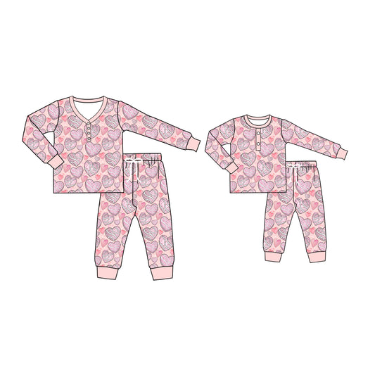 12.2 custom each style moq 5eta 4-6week Sibling Sister love baby girls long sleeve pants sets and adult sets match design