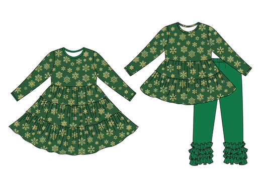 25.7.4 custom each style moq 5eta 4-6week Sibling Sisters green baby girl long sleeve pants sets and dress match family design
