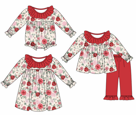 25.5.20 custom each style moq 5eta 4-6week Sibling Sisters floral red baby girl long sleeve pants sets and dress and rompers match family design