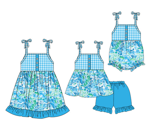 3.27 custom each style moq 5eta 4-6week Sibling Sisters floral pattern baby girl short sleeve shorts sets and dress and rompers match family design