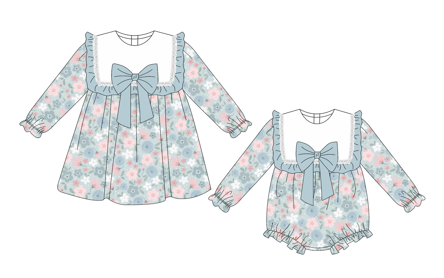 25.10.2 custom each style moq 8 eta 6-8week Sibling Sisters floral baby girl long sleeve dress and rompers match family design
