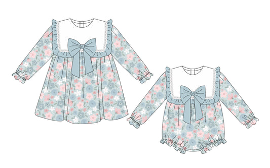 25.10.2 custom each style moq 8 eta 6-8week Sibling Sisters floral baby girl long sleeve dress and rompers match family design