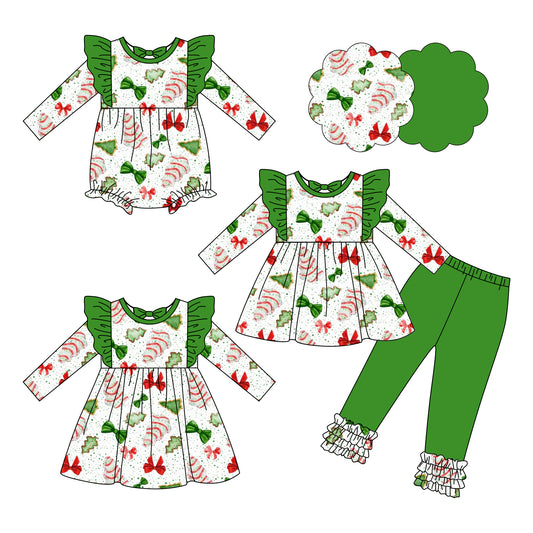 25.6.11 custom each style moq 5eta 4-6week Sibling Sisters Christmas bow green baby girl long sleeve pants sets and dress and rompers match family design