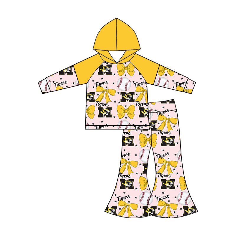 Custom moq 5 each style summer teams baby girls clothes team bow yellow long sleeve hooded pants sets and dress and romper-25.6.13