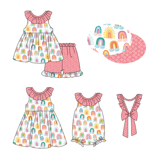 12.28 custom each style moq 5eta 4-6week Sibling Sister rainbow baby girl short sleeve shorts sets and dress and rompers match family design
