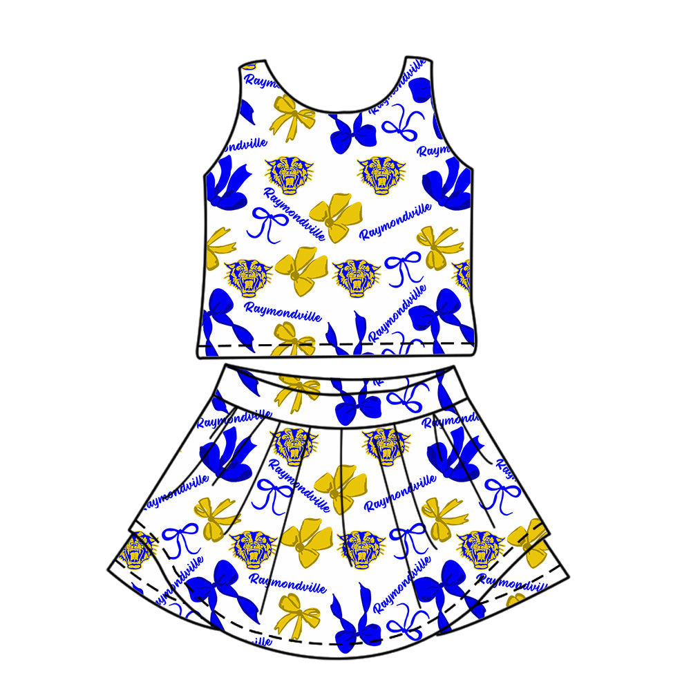 Custom moq 5 mix sizes summer teams baby girls clothes team blue short sleeve skirts shorts sets 1 and skirts sets 2 and and skirts sets 2 and dress 1 and dress 2 and dress 3 and dress 4-25.6.11