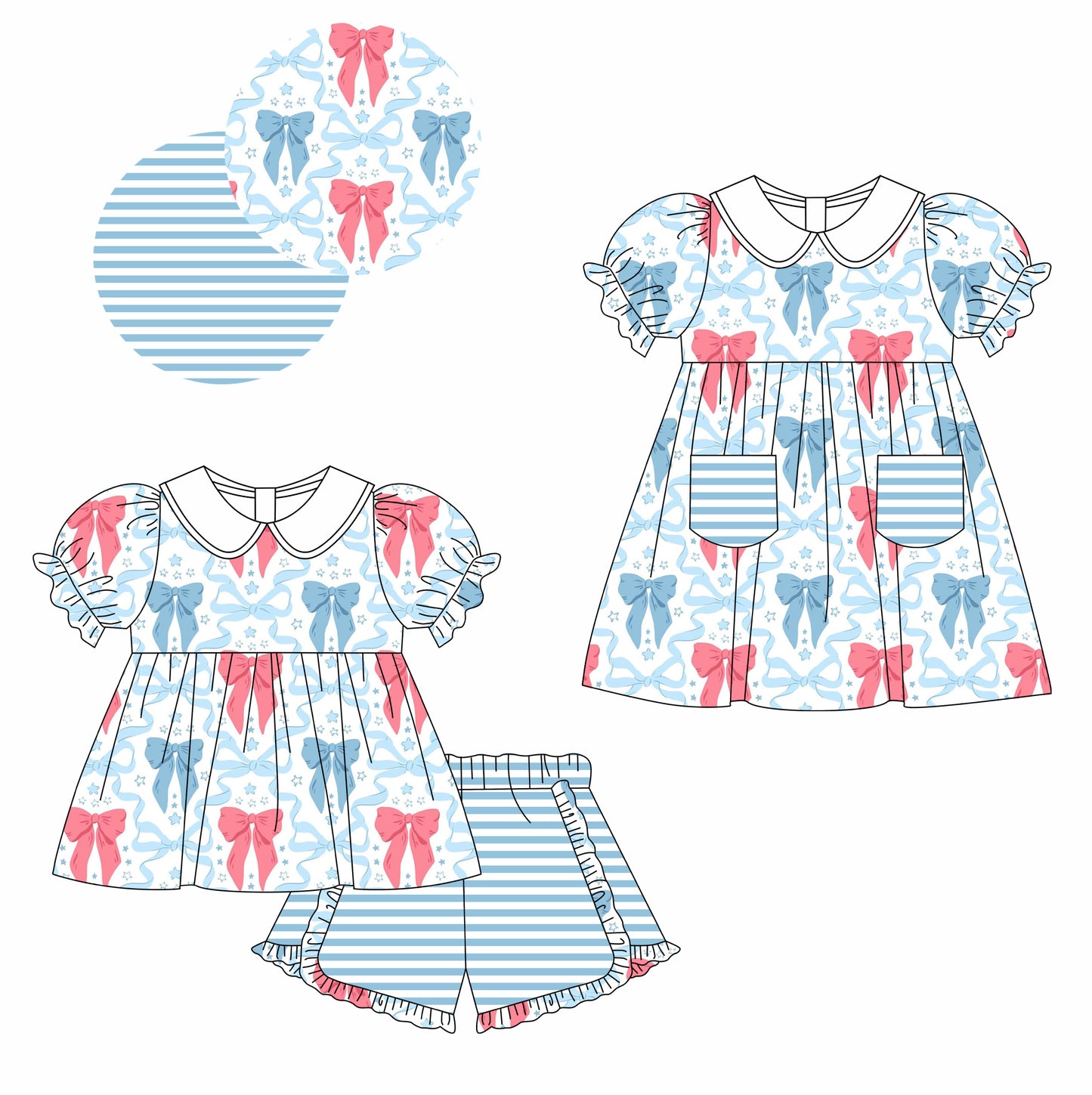 11.21 custom each style moq 5eta 4-6week Sibling Sister bow baby girl short sleeve shorts sets and dresses match design